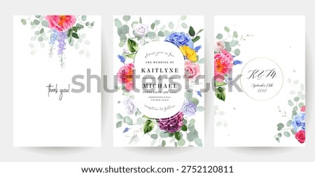 Bright spring vector flower design cards. Colorful wedding invitations with bright flowers and greenery. Tulips, roses, hydrangea, muscari, hyacinth, peony, carnation, petals and leaves. Isolated
