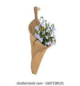 
Bright spring vector illustration of a bouquet of snowdrops in a fabric bag. Use for books, stickers, banners, decorations.