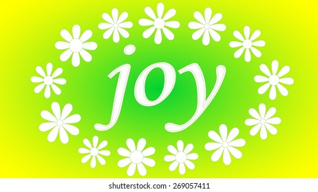 Bright spring yellow light green background "Joy" with white flowers.