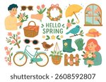 Bright spring-themed illustrations with flowers, accessories, birds, people, and seasonal garden elements.