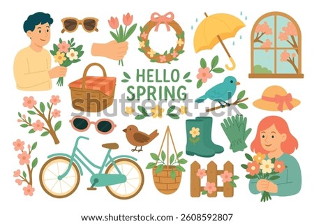 Bright spring-themed illustrations with flowers, accessories, birds, people, and seasonal garden elements.