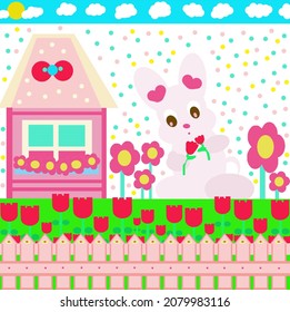Bright Springtime Cartoon Bunny Rabbit with Red Tulip Flowerbed Children's Art Color Illustration