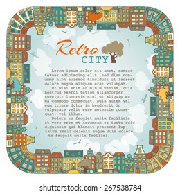 Bright square city landscape. Hand-drawn houses. There is place for text in the center.