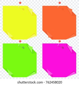 Bright square colored sheets of paper for notice. Kanban, notes, reminder of the action plan. Flat vector cartoon illustration. Objects isolated on transparent background.