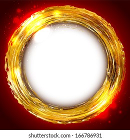 Bright square festive background. Round golden frame with flecks on red background and a place for text. Vector design element with brush strokes.