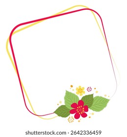 Quadrado quadrado brilhante feito de linhas decoradas com flores e folhas em estilo plano. Plano de fundo vetorial para foto, texto, cópia. Formas simples de elementos. Amarelo, vermelho, verde. Design delicado