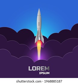 Bright Square Poster. A Cartoon Rocket Taking Off With A Jet Stream In Dark Purple Clouds. Lorem Ipsum