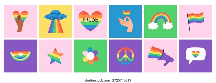 Brillante colección cuadrada con Elementos temáticos de orgullo que representan el amor, la diversidad y la igualdad. Ilustración vectorial dibujada a mano. 