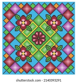 Bright square scheme of colored cross stitch. Flowers, leaves, geometric ornament in Ukrainian style. Vector illustration