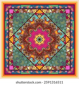 Bright square silk scarf with floral mandala on ornamental background. Bandana print with ethnic motifs. Fantasy pattern.