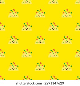 Bright square tile with an exciting food print. Seamless pattern with omelette on golden poppy background. Design for websites to make them look inviting and easy to use.