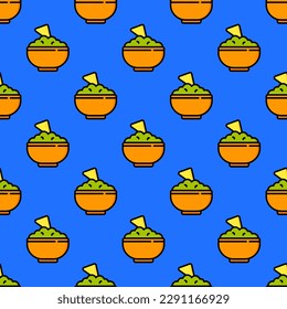 Bright square tile with an exciting food print. Seamless pattern with guacamole on blue (crayola) background. Design for a recyclable wrap for fries.
