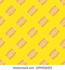 Bright square tile with an exciting food print. Seamless pattern with bread on banana yellow background. Design for a damask pattern.
