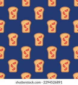 Bright square tile with an exciting food print. Seamless pattern with bruschetta on st. patrick's blue background. Design for a geometric pattern.