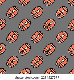 Bright square tile with an exciting food print. Seamless pattern with salmon on dim gray background. Design for an airtight wrap for veggie burgers.