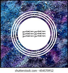 Bright Square Vector card on space. Handmade. There is a circular space for your text. Galactic mood. It can be used for packaging, invitations, greeting cards, etc.