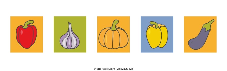  Colección de iconos vegetales cuadrados brillantes. Calabaza, pimiento rojo, berenjena, ajo, pimiento amarillo. Ilustración vectorial sobre un fondo blanco aislado.