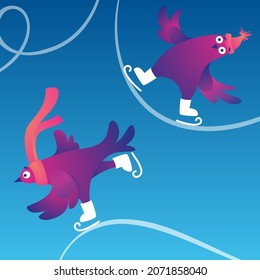 Bright square Winter banner with funny pigeons. Christmas Festive banner. Funny characters doves in skates. Pigeons are skating on the ice rink. Holiday vector illustration. Patterns on ice.