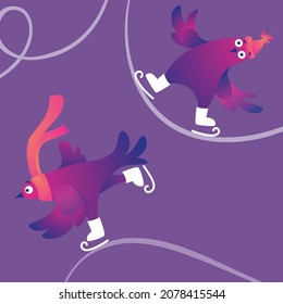 Bright square Winter banner with funny pigeons. Christmas Festive banner. Funny characters doves in skates. Pigeons are skating on the ice rink. Holiday vector illustration. Patterns on ice.