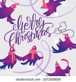 Bright square Xmas banner with funny pigeons. Handwritten lettering Merry Christmas. Funny characters doves in skates. Pigeons are skating on the ice rink. Holiday vector illustration. Festive banner.
