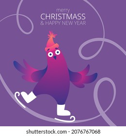 Bright square Xmas banner with funny pigeons. Text "Merry Christmas". Funny characters doves in skates. Pigeons are skating on the ice rink. Holiday vector illustration. Festive banner.