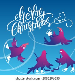 Bright square Xmas banner with funny pigeons. Handwritten lettering Merry Christmas. Funny characters doves in skates. Pigeons are skating on the ice rink. Holiday vector illustration. Festive banner.