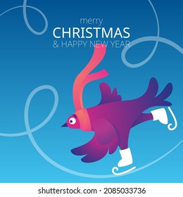 Bright square Xmas banner with funny pigeons. Text "Merry Christmas". Funny characters doves in skates. Pigeons are skating on the ice rink. Holiday vector illustration. Festive banner.
