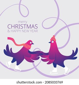 Bright square Xmas banner with funny pigeons. Text "Merry Christmas". Funny characters doves in skates. Pigeons are skating on the ice rink. Holiday vector illustration. Festive banner.