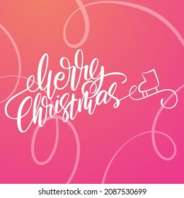 Bright square Xmas banner. Handwritten lettering Merry Christmas. Skate tracks on an ice rink. Holiday vector illustration. Festive colorful banner.