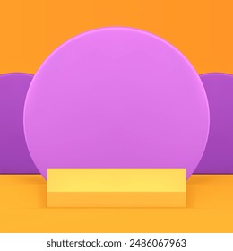 Bright squared 3d podium pedestal mock up for product show realistic vector illustration. Yellow geometric showcase with violet round wall background advertising display showroom stand
