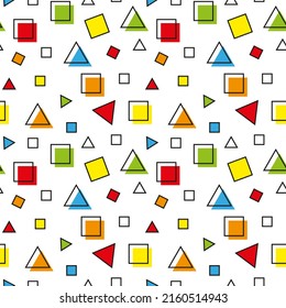 Bright squares and triangles on a white background. Seamless geometric background.