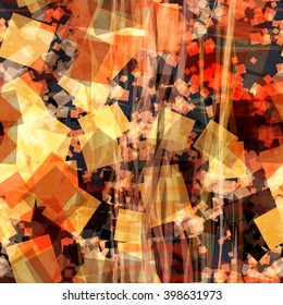 Bright squares and wavy lines on a dark background. Randomly mixed. Seamless vector pattern. Abstract texture. Easy editing. Blur effect and watercolor