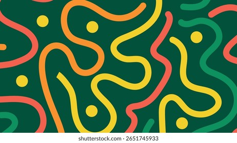 Bright squiggly lines and yellow dots over a dark green base. High contrast design perfect for modern, bold digital projects.