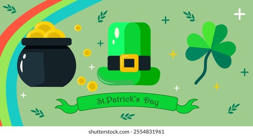 Bright St Patrick's Day illustration with cheerful man with pot of gold, rainbow, leprechaun hat and clover on green background. A fun design that symbolizes Irish culture, good luck and celebration.