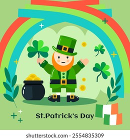 Bright St Patrick's Day illustration with cheerful Irishman, holding a pot of gold, rainbow, leprechaun hat and clover on green background. A fun design that symbolizes Irish culture, good luck 