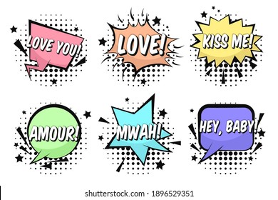 Bright St. Valentines retro comic speech bubbles set with LOVE, KISS ME, MWAH, AMOUR words. Black outline balloons with halftone shadow in pop art style for lovely advertisement, comics book