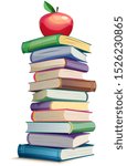 Bright stack of books with apple - vector illustration