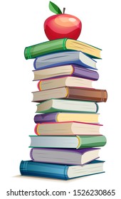 Bright stack of books with apple - vector illustration
