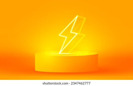 Bright stadium bolt neon lights orange abstract room with circle glowing neon lamp lighting Stage for showcase. vector design.