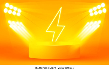 Bright stadium bolt neon lights orange abstract room with circle glowing neon lamp lighting Stage for showcase. vector design.