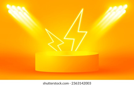 Bright stadium bolt neon lights orange abstract room with circle glowing neon lamp lighting Stage for showcase. vector design.