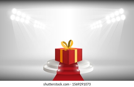  Bright Stadium Lights Open Gift Box With Merry Christmas Vector Design.