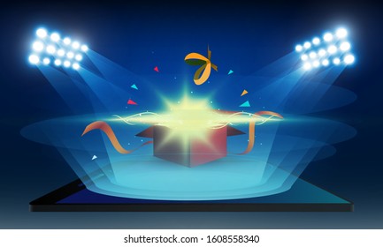 Bright stadium lights open gift box with order online from mobile and Phone vector design..