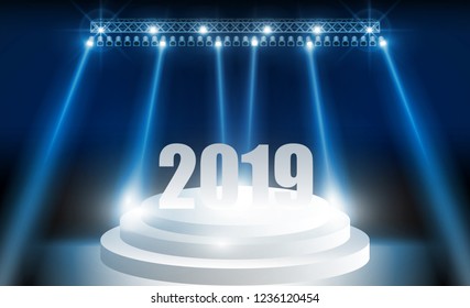 Bright stadium lights vector design.Happy new year 2019 blue color background.. vector illustration