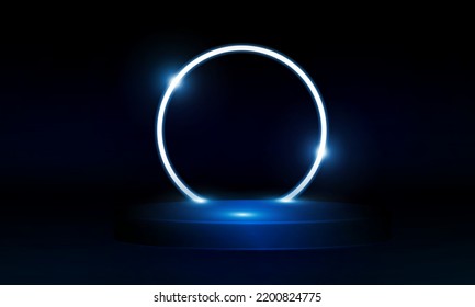 El brillante estadio de neón círculo ilumina el diseño de un vector azul.