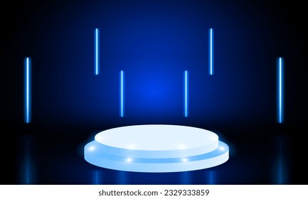 Bright stadium neon lights blue abstract room with circle glowing neon lamp lighting Stage for showcase. vector design.
