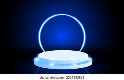 El neón del estadio brillante ilumina una sala abstracta azul con luz de neón brillante circular escenario para la exhibición. diseño vectorial.