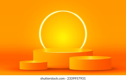 Bright stadium neon lights orange abstract room with circle glowing neon lamp lighting Stage for showcase. vector design.