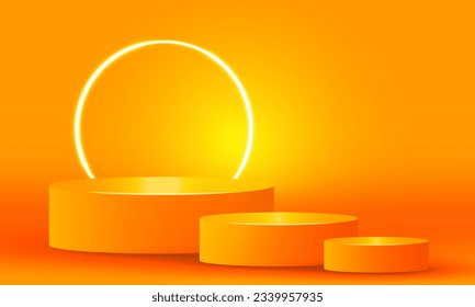 Bright stadium neon lights orange abstract room with circle glowing neon lamp lighting Stage for showcase. vector design.