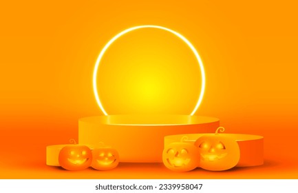 Bright stadium neon lights orange Halloween podium background, purple podium three step with pumpkin funny face for product display, Vector illustration